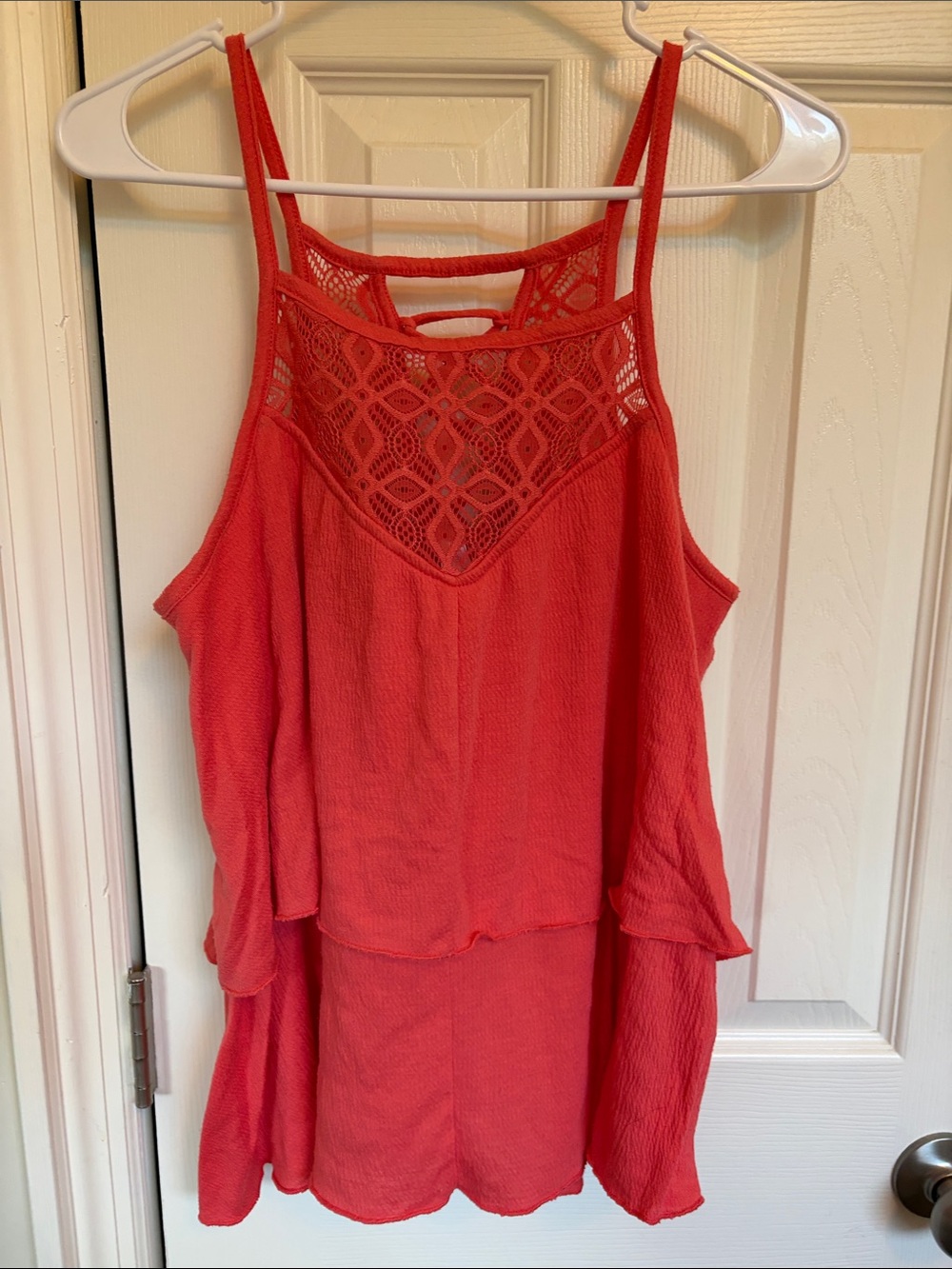 No Boundaries Coral Lace Yoke Tiered Spaghetti Strap Tank